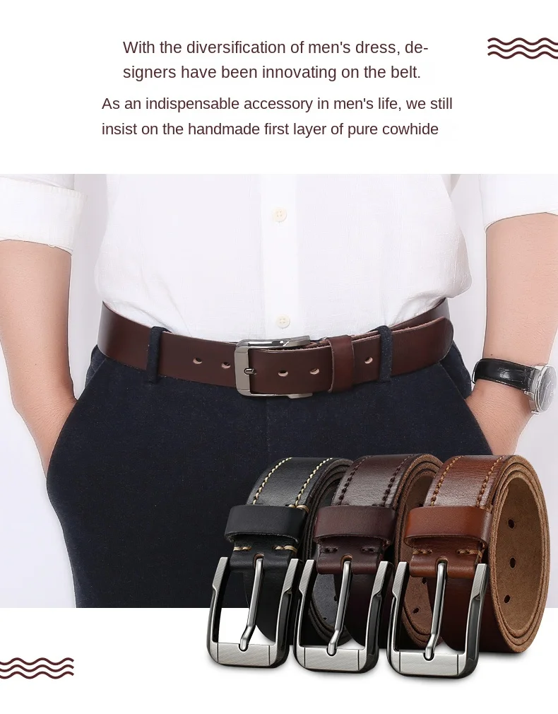 Belt men's genuine leather pin buckle men's leather belt business middle-aged first layer real cowhide youth handmade belt