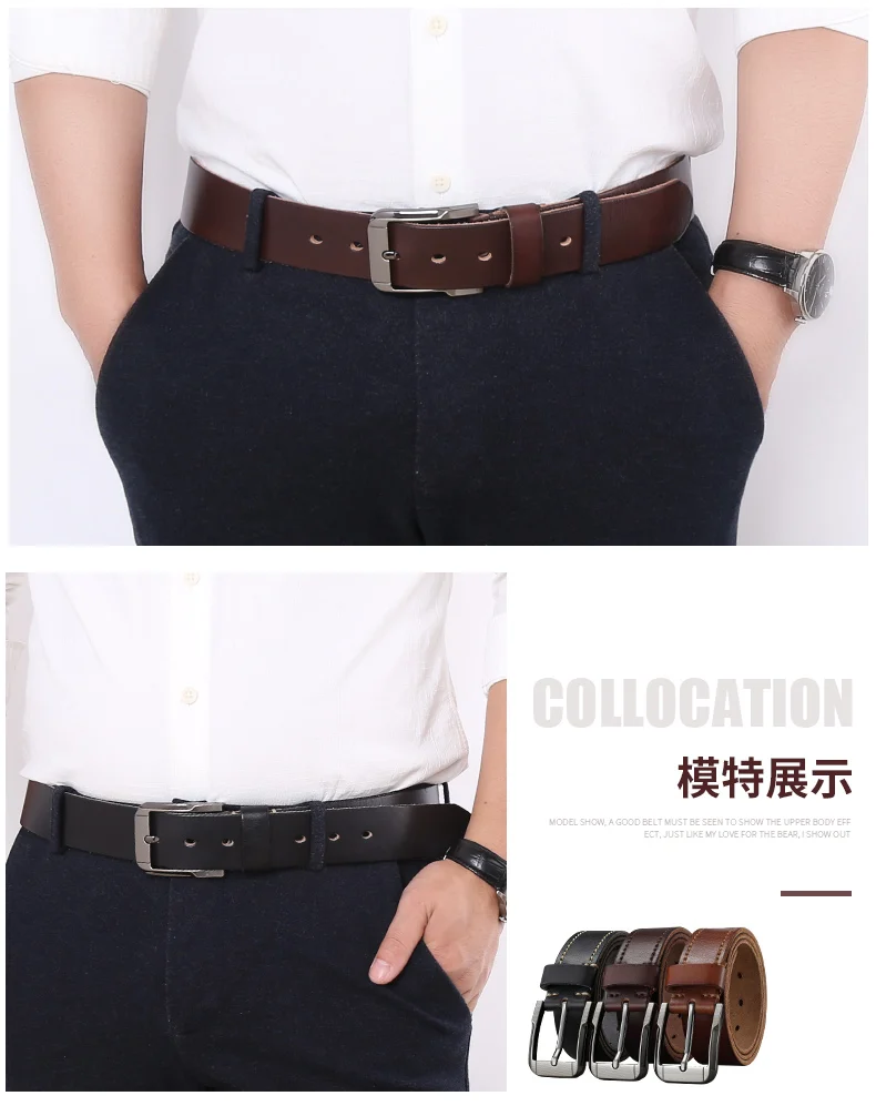 Belt men's genuine leather pin buckle men's leather belt business middle-aged first layer real cowhide youth handmade belt