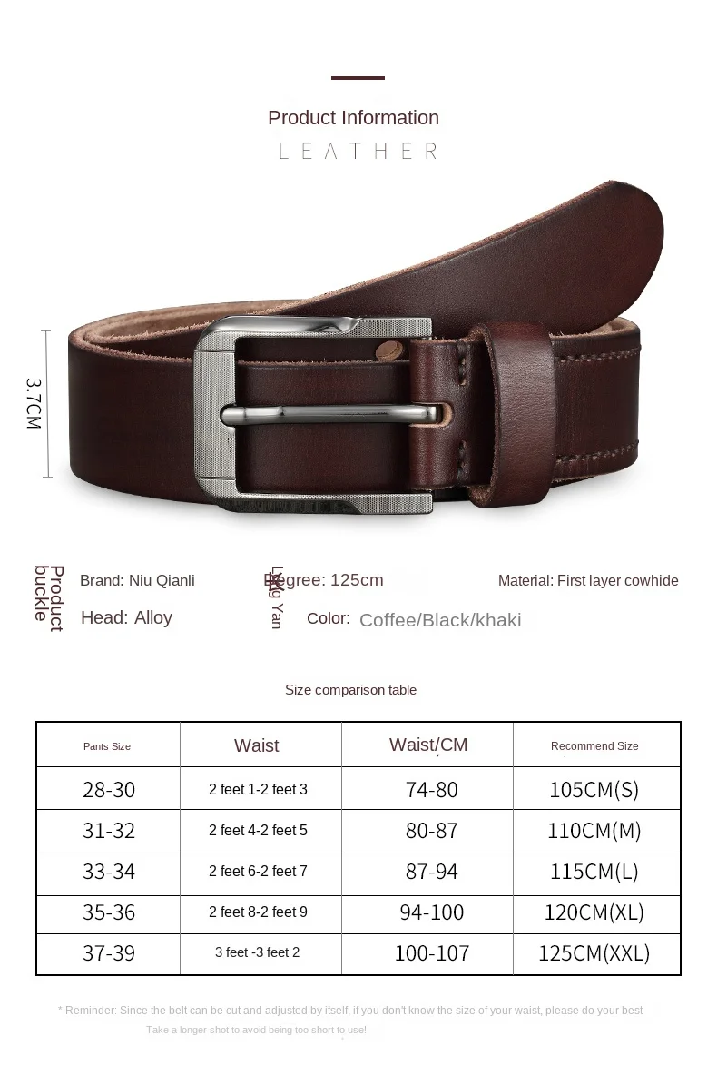 Belt men's genuine leather pin buckle men's leather belt business middle-aged first layer real cowhide youth handmade belt