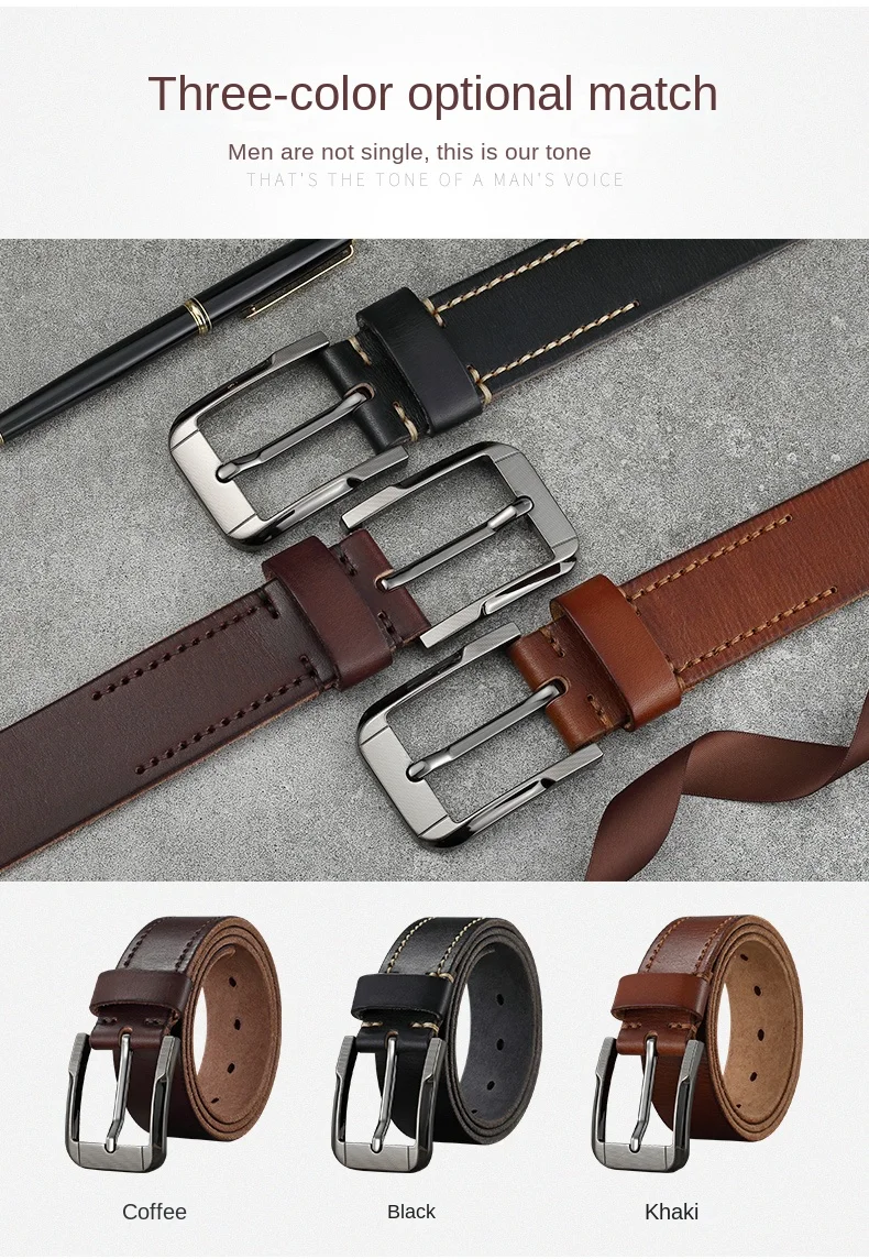Belt men's genuine leather pin buckle men's leather belt business middle-aged first layer real cowhide youth handmade belt