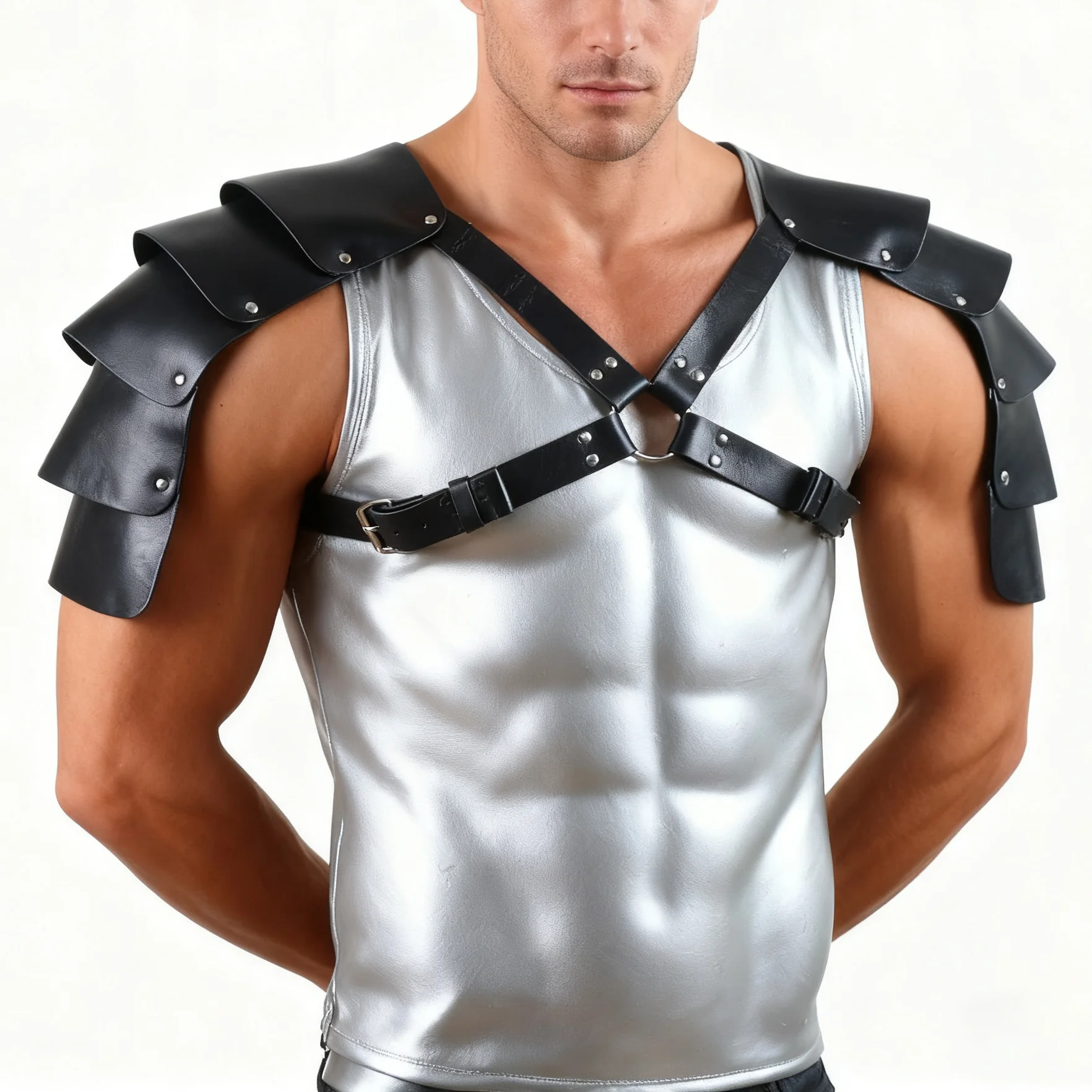 Men Medieval PU Leather Shoulder Armor Belt Halloween Cosplay Knight Body Chest Harness Adjustable Viking Shoulder Belt
