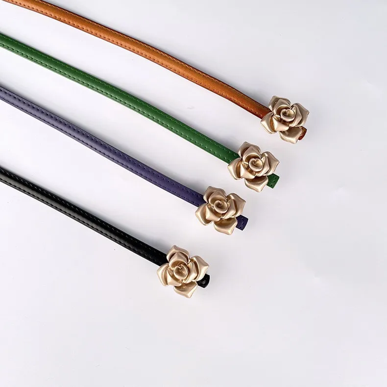1.0cm New Unique Rose Genuine Leather Gold Belt Women Fashion Cowskin Flower Thin Belts Female Jeans Dress Waistband