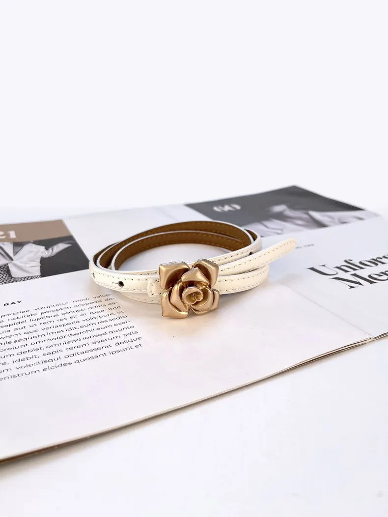 1.0cm New Unique Rose Genuine Leather Gold Belt Women Fashion Cowskin Flower Thin Belts Female Jeans Dress Waistband