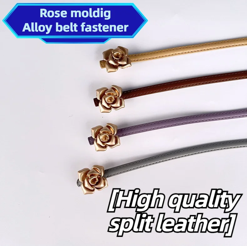 1.0cm New Unique Rose Genuine Leather Gold Belt Women Fashion Cowskin Flower Thin Belts Female Jeans Dress Waistband