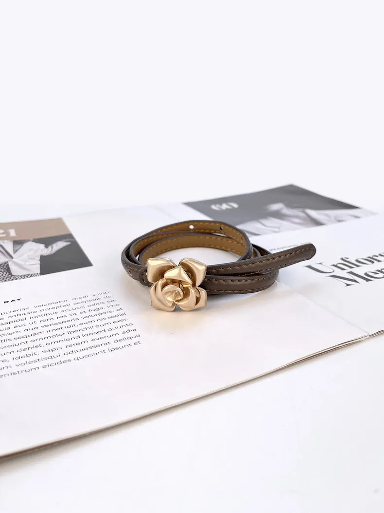 1.0cm New Unique Rose Genuine Leather Gold Belt Women Fashion Cowskin Flower Thin Belts Female Jeans Dress Waistband