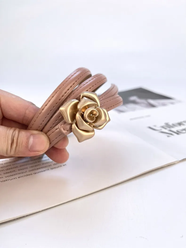 1.0cm New Unique Rose Genuine Leather Gold Belt Women Fashion Cowskin Flower Thin Belts Female Jeans Dress Waistband