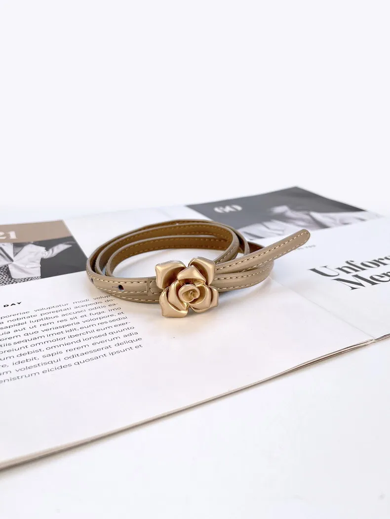 1.0cm New Unique Rose Genuine Leather Gold Belt Women Fashion Cowskin Flower Thin Belts Female Jeans Dress Waistband