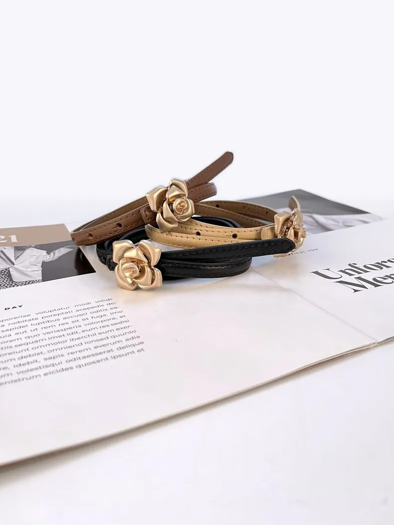 1.0cm New Unique Rose Genuine Leather Gold Belt Women Fashion Cowskin Flower Thin Belts Female Jeans Dress Waistband