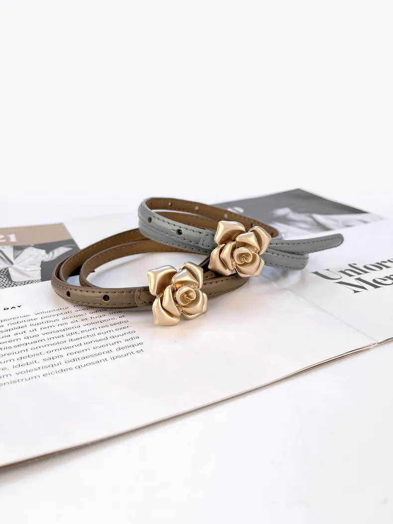 1.0cm New Unique Rose Genuine Leather Gold Belt Women Fashion Cowskin Flower Thin Belts Female Jeans Dress Waistband