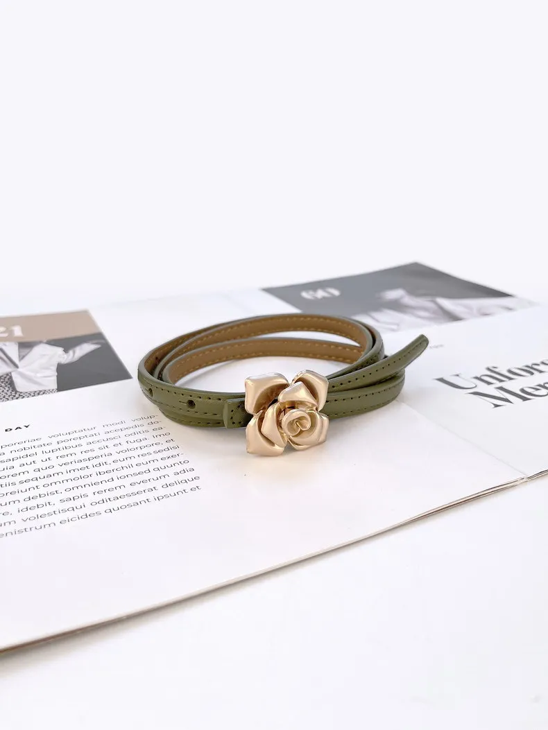 1.0cm New Unique Rose Genuine Leather Gold Belt Women Fashion Cowskin Flower Thin Belts Female Jeans Dress Waistband