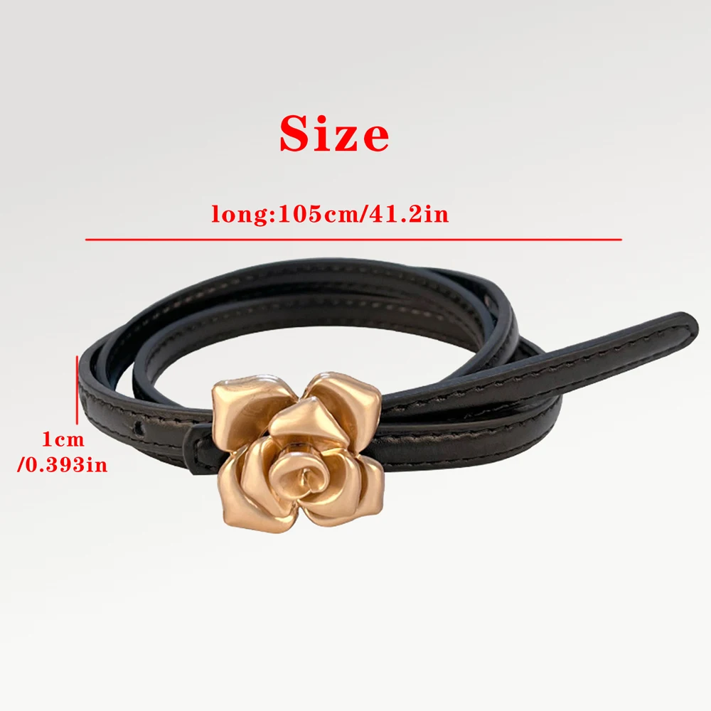 1.0cm New Unique Rose Genuine Leather Gold Belt Women Fashion Cowskin Flower Thin Belts Female Jeans Dress Waistband
