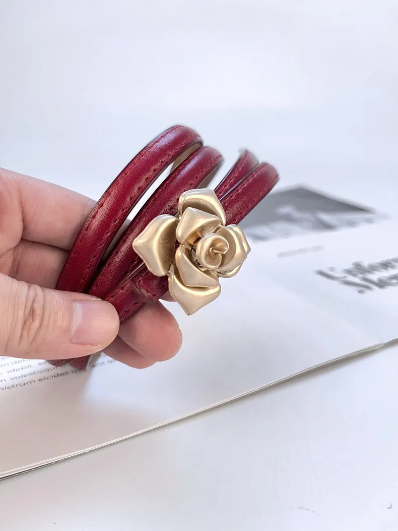 1.0cm New Unique Rose Genuine Leather Gold Belt Women Fashion Cowskin Flower Thin Belts Female Jeans Dress Waistband