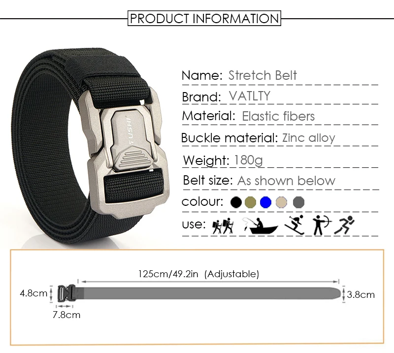 VATLTY 2023 Elastic Belt for Men Aluminum Alloy Quick Release Buckle Unisex Hiking Belt Military Tactical Belt Stretch Girdle