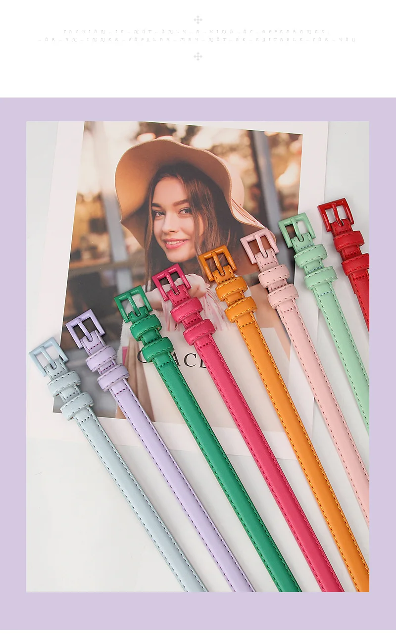 1.5x101cm Candy Color PU Leather Women Skinny Leather Belt Thin Waist Jeans Belt for Pants Fashion Metal in Pin Buckle Belt