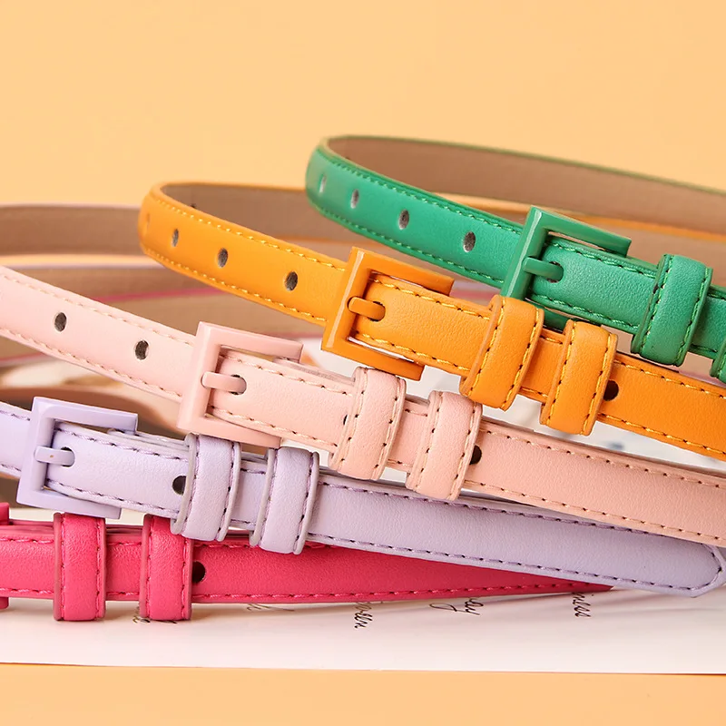 1.5x101cm Candy Color PU Leather Women Skinny Leather Belt Thin Waist Jeans Belt for Pants Fashion Metal in Pin Buckle Belt