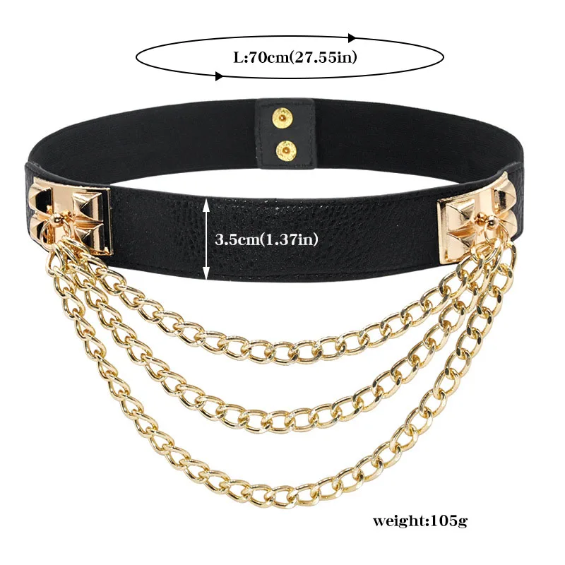 Multilayer Gold Metal Chains Women Belt Black PU Leather Elastic Wide Waist Straps Punk Rivet Belts Suit Decor Dress Waistbands