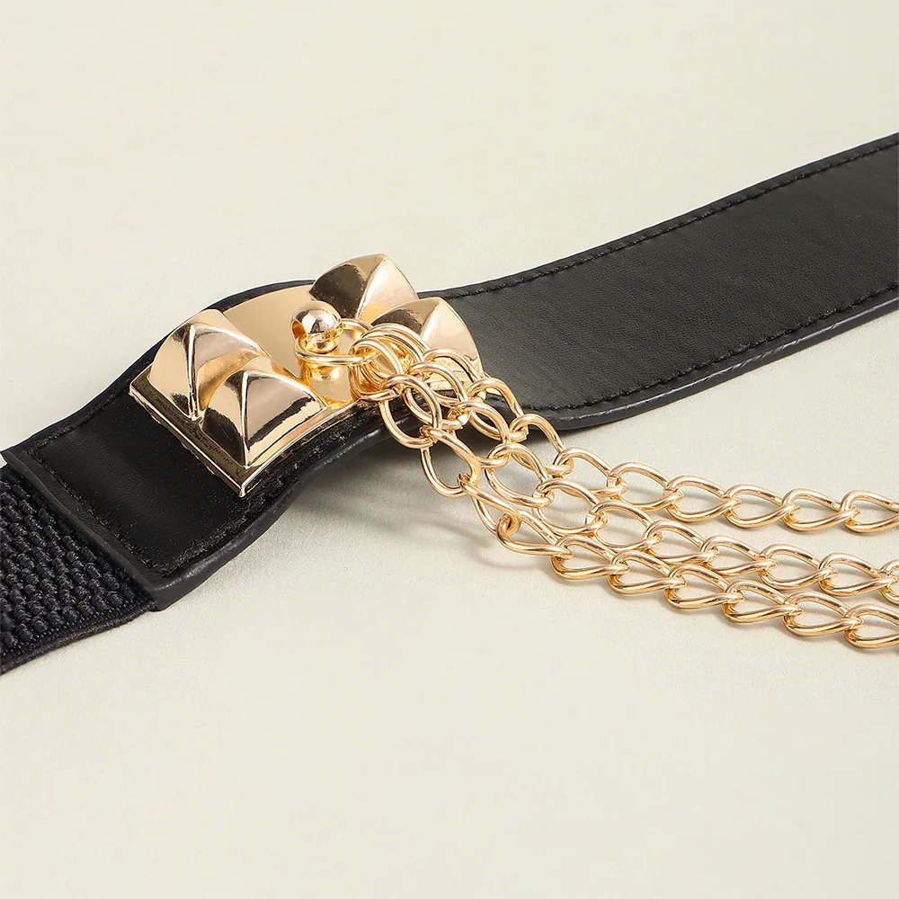 Multilayer Gold Metal Chains Women Belt Black PU Leather Elastic Wide Waist Straps Punk Rivet Belts Suit Decor Dress Waistbands
