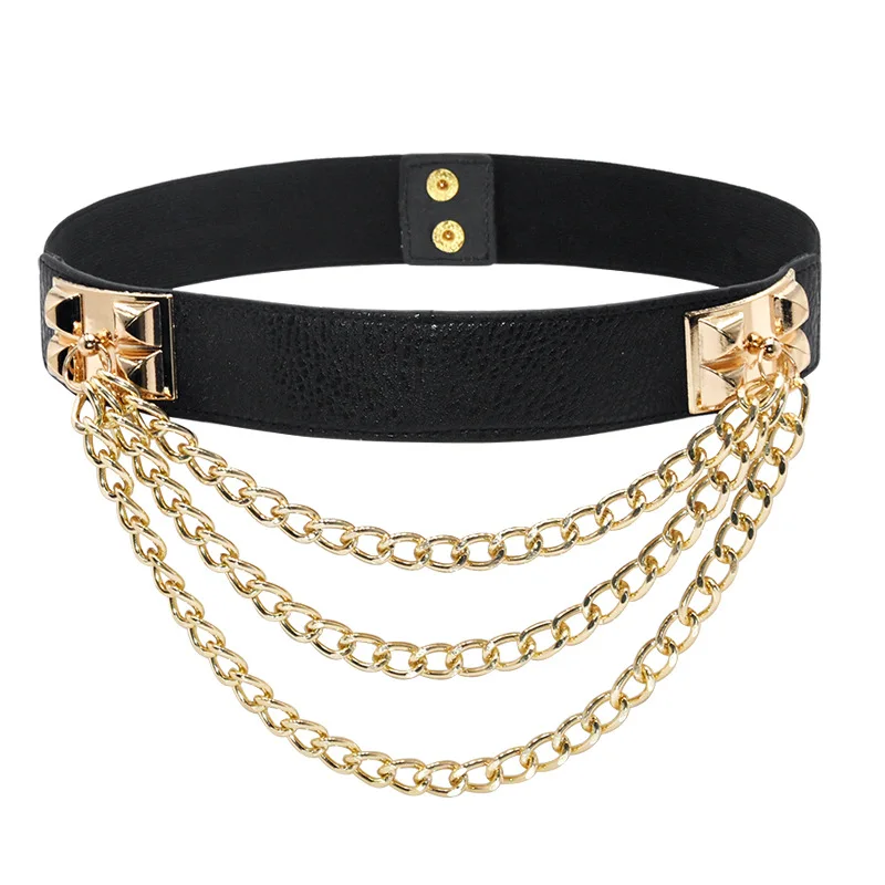 Multilayer Gold Metal Chains Women Belt Black PU Leather Elastic Wide Waist Straps Punk Rivet Belts Suit Decor Dress Waistbands