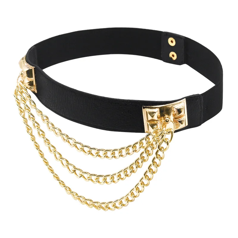 Multilayer Gold Metal Chains Women Belt Black PU Leather Elastic Wide Waist Straps Punk Rivet Belts Suit Decor Dress Waistbands