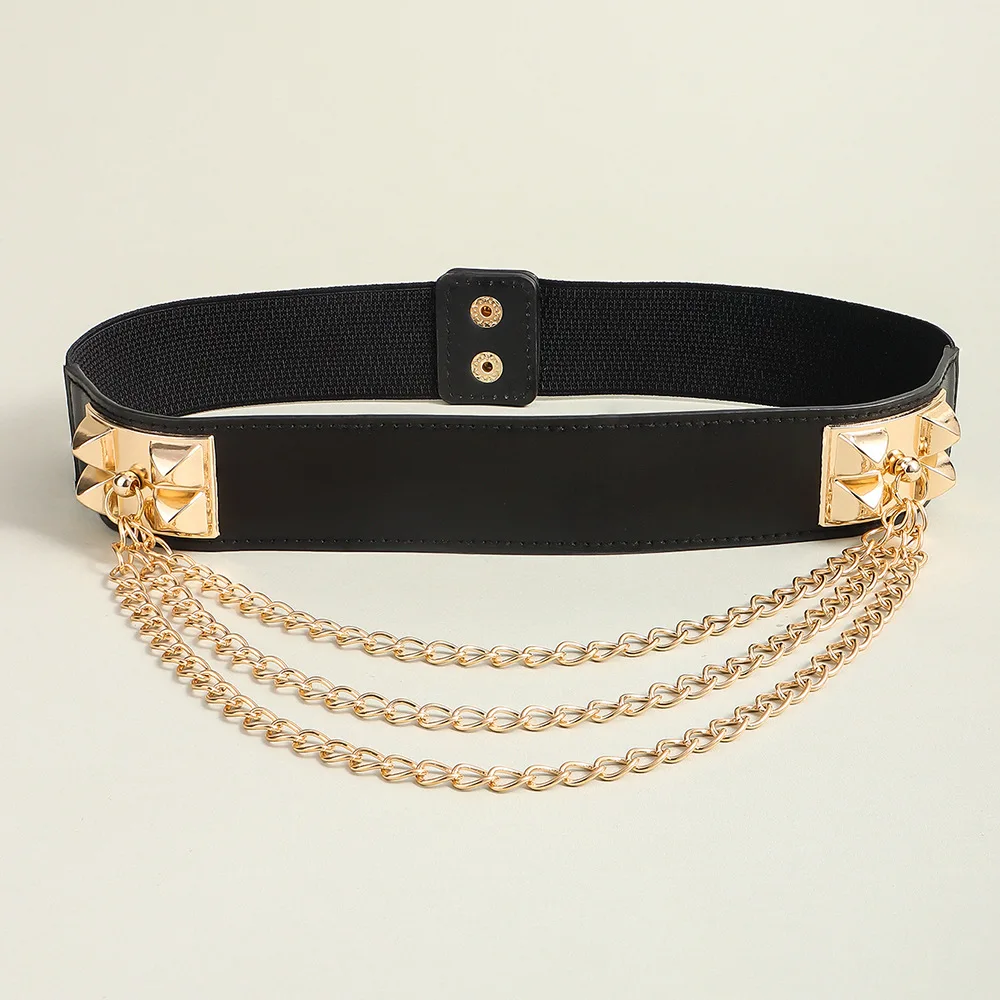 Multilayer Gold Metal Chains Women Belt Black PU Leather Elastic Wide Waist Straps Punk Rivet Belts Suit Decor Dress Waistbands