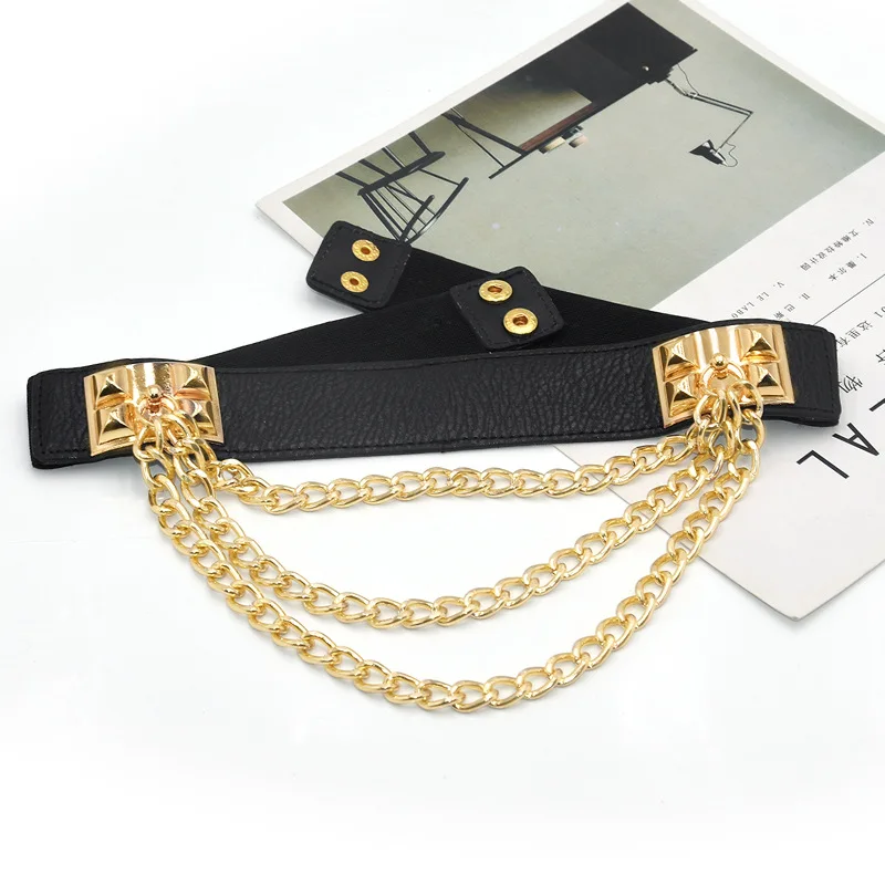 Multilayer Gold Metal Chains Women Belt Black PU Leather Elastic Wide Waist Straps Punk Rivet Belts Suit Decor Dress Waistbands