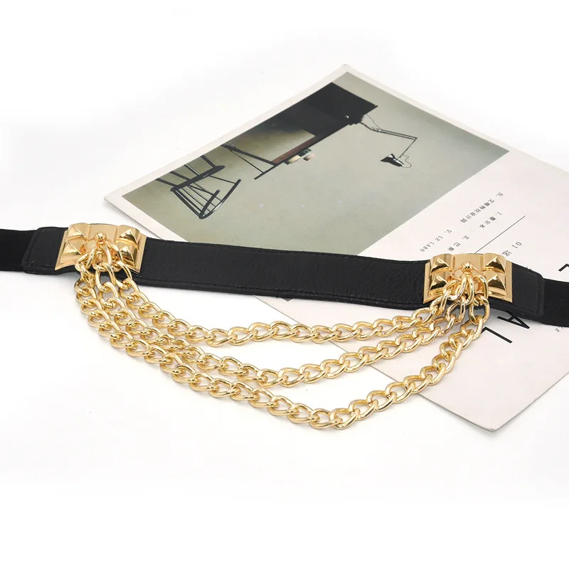 Multilayer Gold Metal Chains Women Belt Black PU Leather Elastic Wide Waist Straps Punk Rivet Belts Suit Decor Dress Waistbands