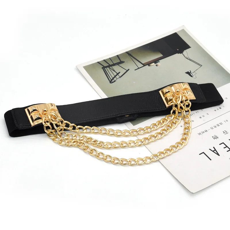 Multilayer Gold Metal Chains Women Belt Black PU Leather Elastic Wide Waist Straps Punk Rivet Belts Suit Decor Dress Waistbands