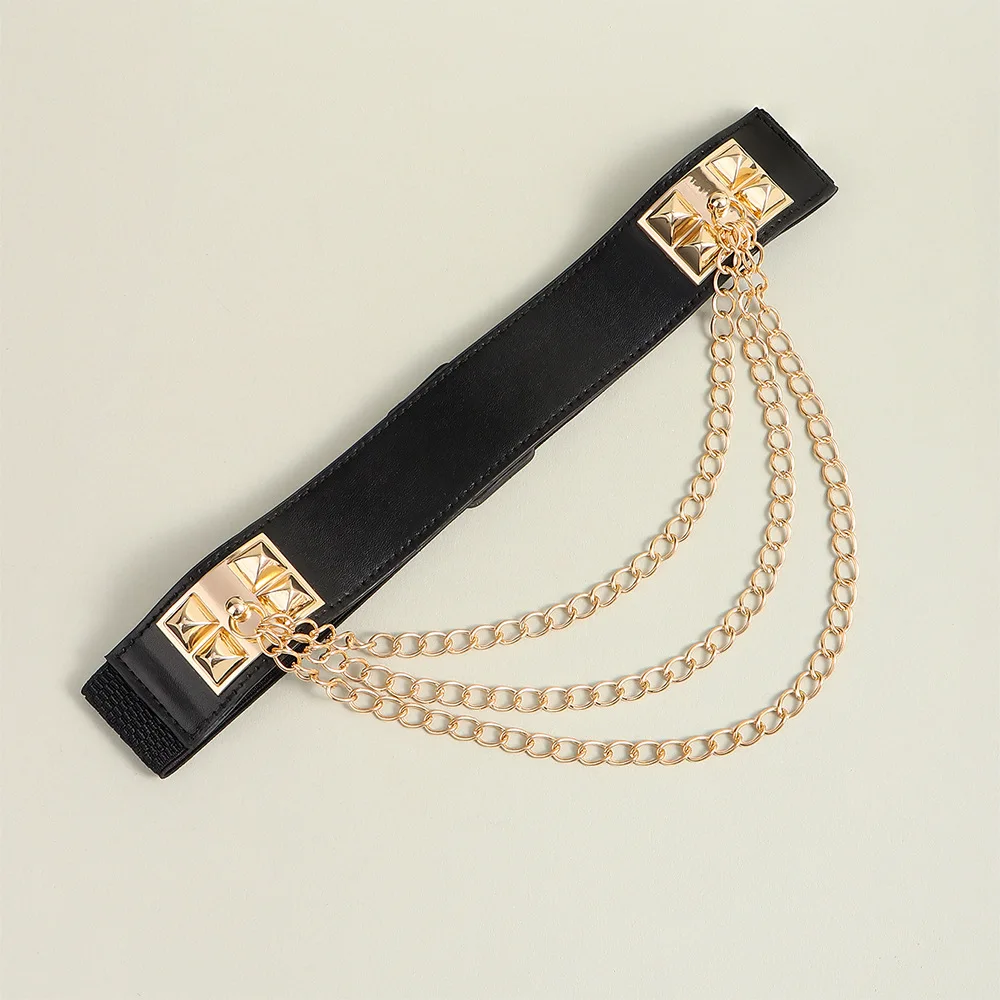Multilayer Gold Metal Chains Women Belt Black PU Leather Elastic Wide Waist Straps Punk Rivet Belts Suit Decor Dress Waistbands