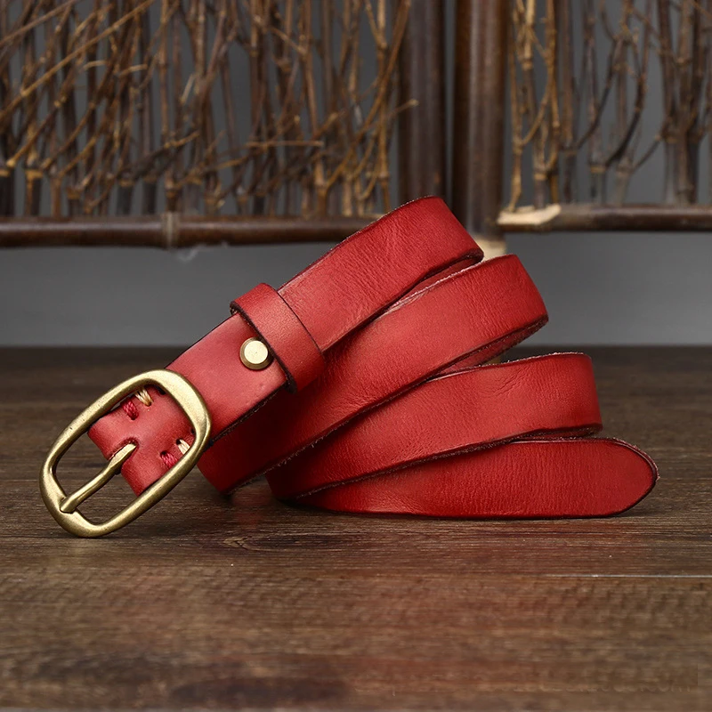 2.3cm Retro Narrow Real Thick Genuine Leather Women Belt Copper Button Western Cowboy Style Jeans Belt Female Fashion Luxury