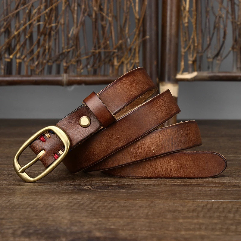 2.3cm Retro Narrow Real Thick Genuine Leather Women Belt Copper Button Western Cowboy Style Jeans Belt Female Fashion Luxury