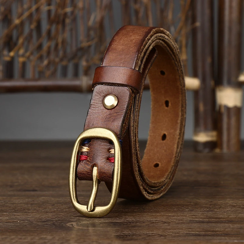 2.3cm Retro Narrow Real Thick Genuine Leather Women Belt Copper Button Western Cowboy Style Jeans Belt Female Fashion Luxury