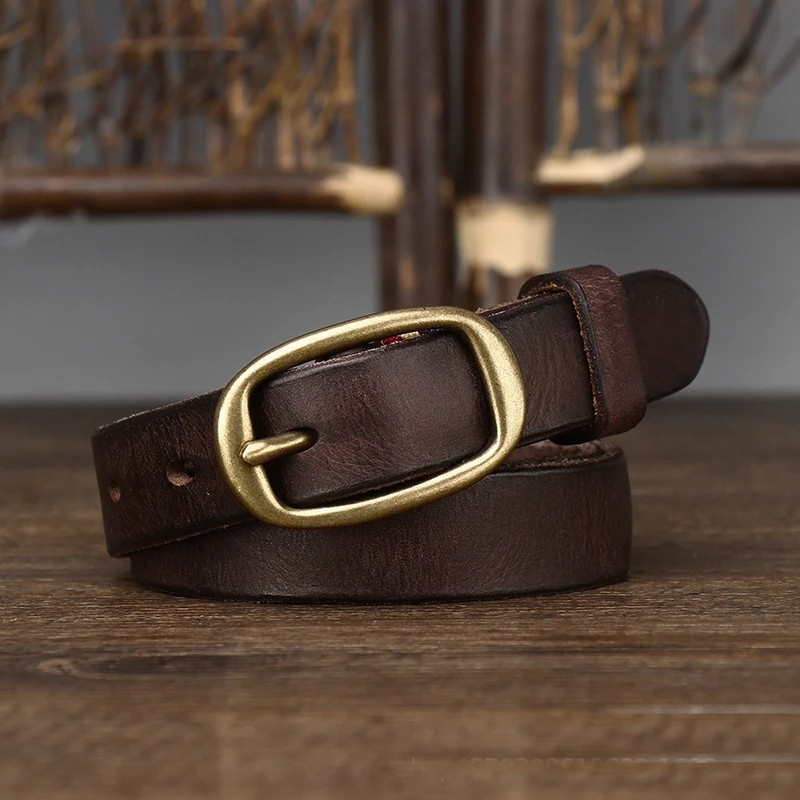 2.3cm Retro Narrow Real Thick Genuine Leather Women Belt Copper Button Western Cowboy Style Jeans Belt Female Fashion Luxury