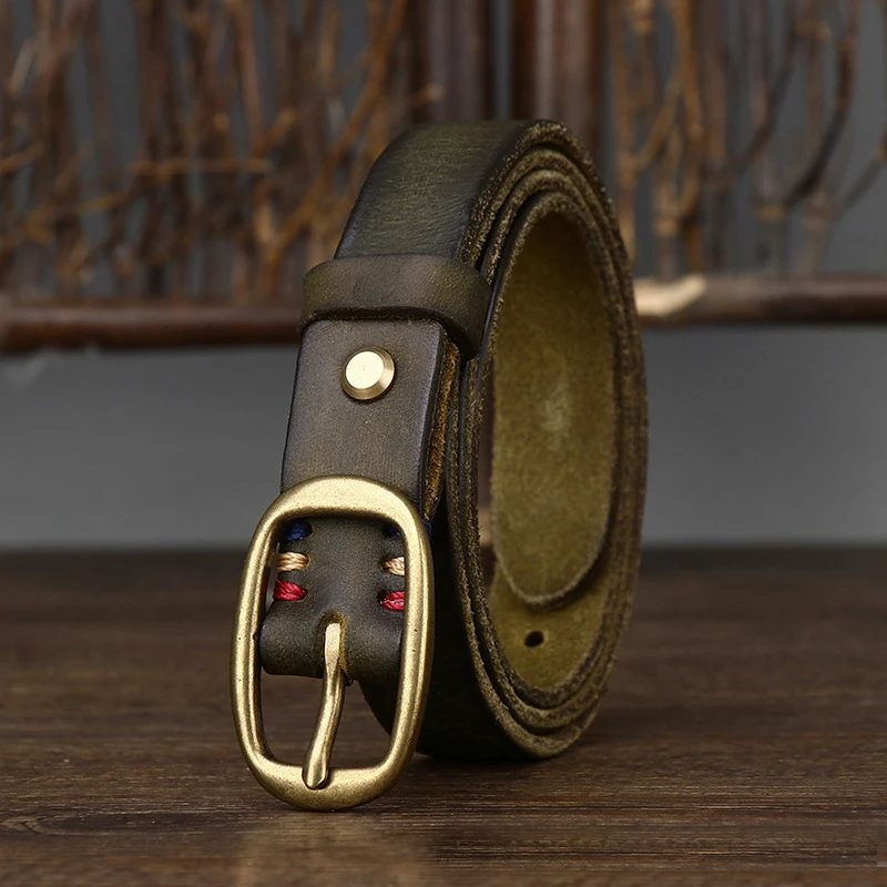 2.3cm Retro Narrow Real Thick Genuine Leather Women Belt Copper Button Western Cowboy Style Jeans Belt Female Fashion Luxury
