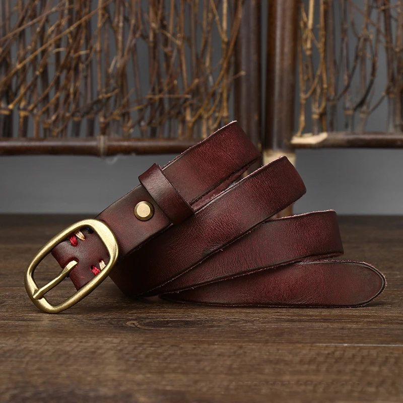 2.3cm Retro Narrow Real Thick Genuine Leather Women Belt Copper Button Western Cowboy Style Jeans Belt Female Fashion Luxury