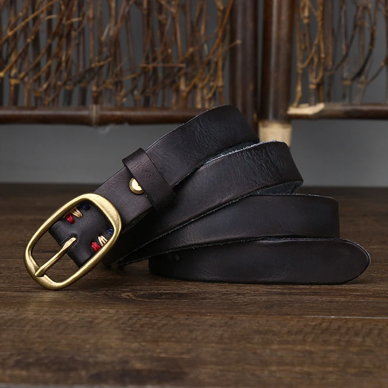 2.3cm Retro Narrow Real Thick Genuine Leather Women Belt Copper Button Western Cowboy Style Jeans Belt Female Fashion Luxury