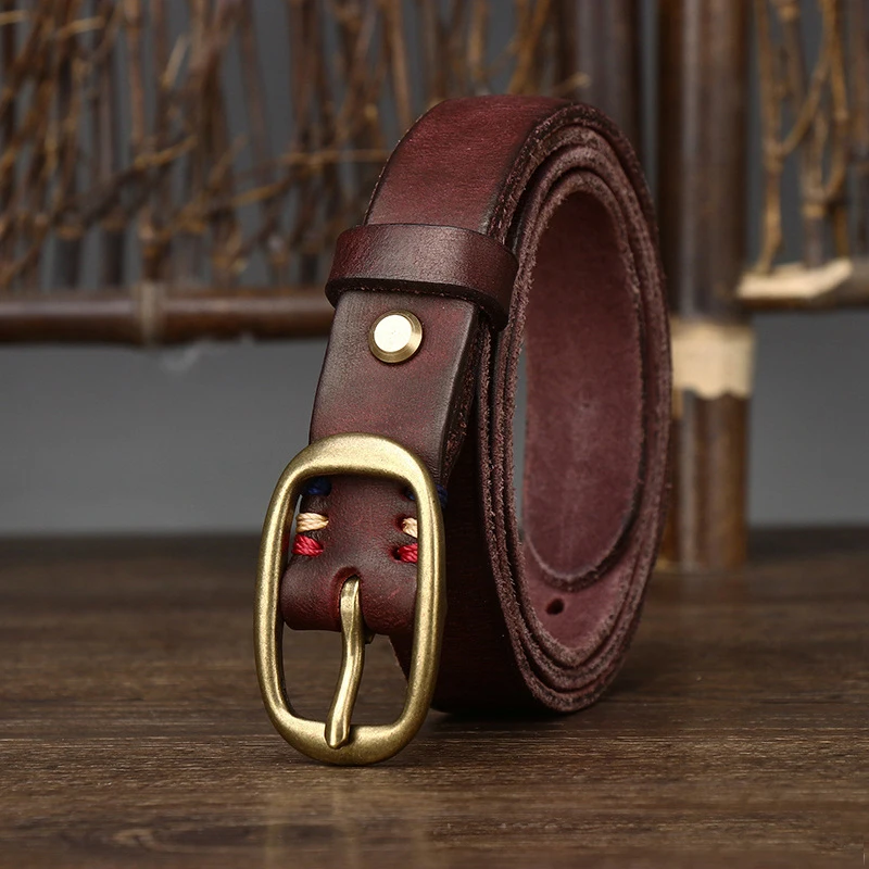 2.3cm Retro Narrow Real Thick Genuine Leather Women Belt Copper Button Western Cowboy Style Jeans Belt Female Fashion Luxury