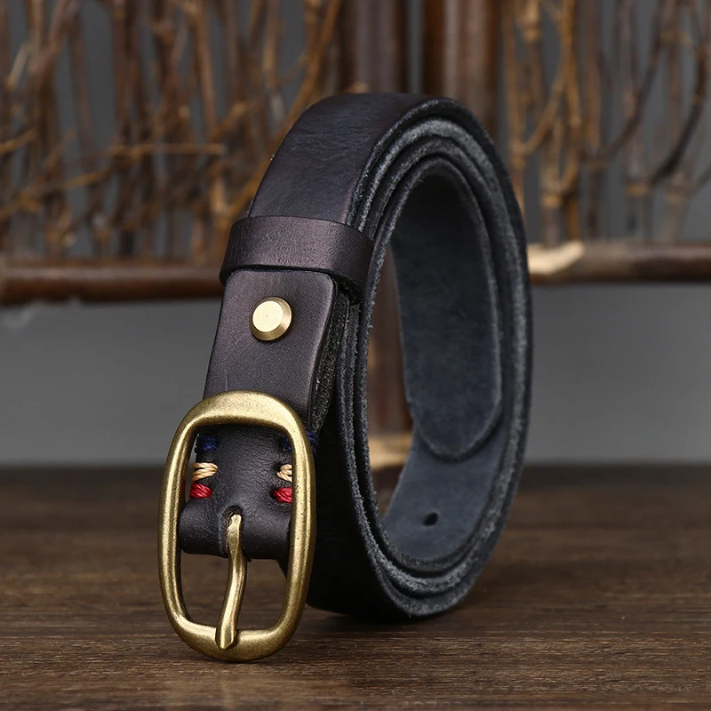 2.3cm Retro Narrow Real Thick Genuine Leather Women Belt Copper Button Western Cowboy Style Jeans Belt Female Fashion Luxury