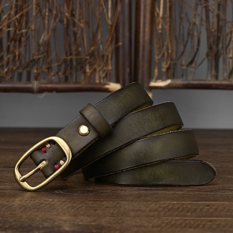 2.3cm Retro Narrow Real Thick Genuine Leather Women Belt Copper Button Western Cowboy Style Jeans Belt Female Fashion Luxury
