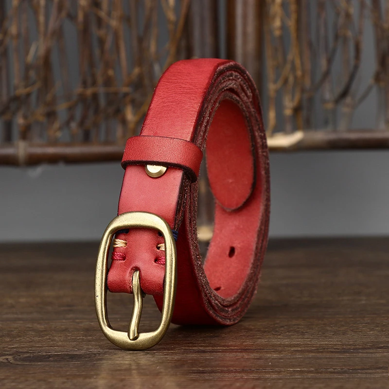 2.3cm Retro Narrow Real Thick Genuine Leather Women Belt Copper Button Western Cowboy Style Jeans Belt Female Fashion Luxury
