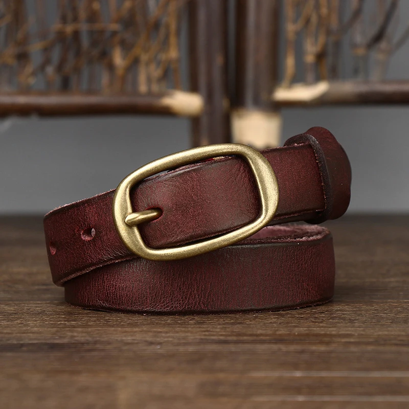 2.3cm Retro Narrow Real Thick Genuine Leather Women Belt Copper Button Western Cowboy Style Jeans Belt Female Fashion Luxury