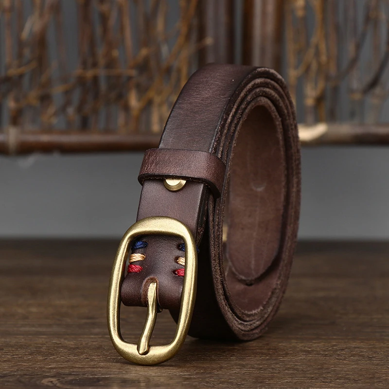 2.3cm Retro Narrow Real Thick Genuine Leather Women Belt Copper Button Western Cowboy Style Jeans Belt Female Fashion Luxury