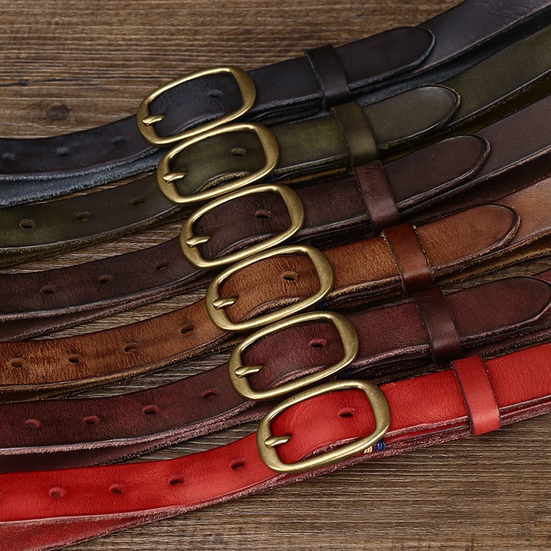 2.3cm Retro Narrow Real Thick Genuine Leather Women Belt Copper Button Western Cowboy Style Jeans Belt Female Fashion Luxury