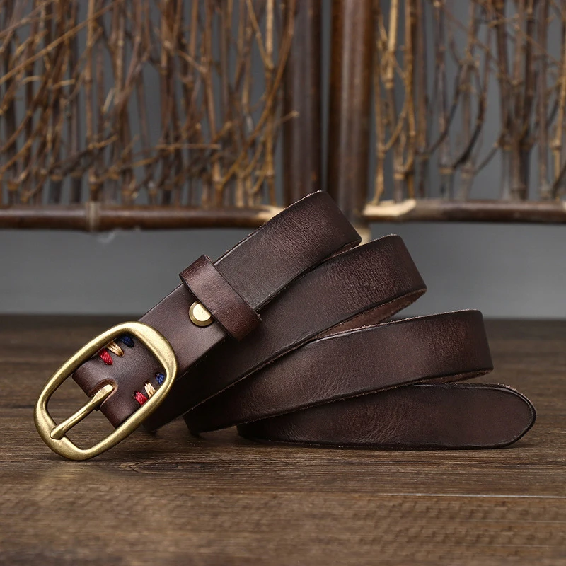 2.3cm Retro Narrow Real Thick Genuine Leather Women Belt Copper Button Western Cowboy Style Jeans Belt Female Fashion Luxury