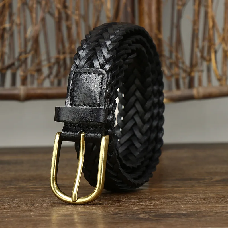 3CM Unisex Fashion Designer Weaving Belt Women And Men Full Grain Real Genuine Leather Girdle Breathable Belt For Jeans