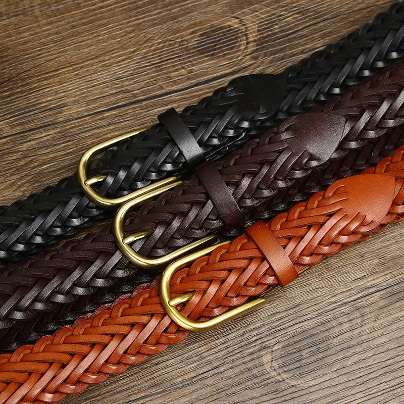 3CM Unisex Fashion Designer Weaving Belt Women And Men Full Grain Real Genuine Leather Girdle Breathable Belt For Jeans