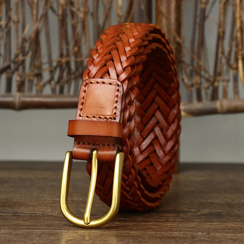 3CM Unisex Fashion Designer Weaving Belt Women And Men Full Grain Real Genuine Leather Girdle Breathable Belt For Jeans