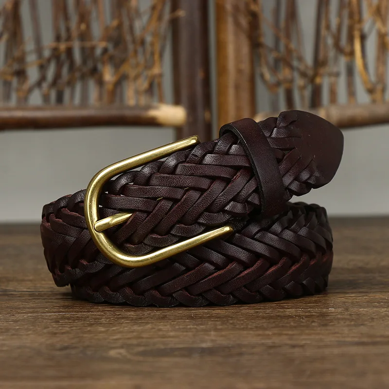 3CM Unisex Fashion Designer Weaving Belt Women And Men Full Grain Real Genuine Leather Girdle Breathable Belt For Jeans