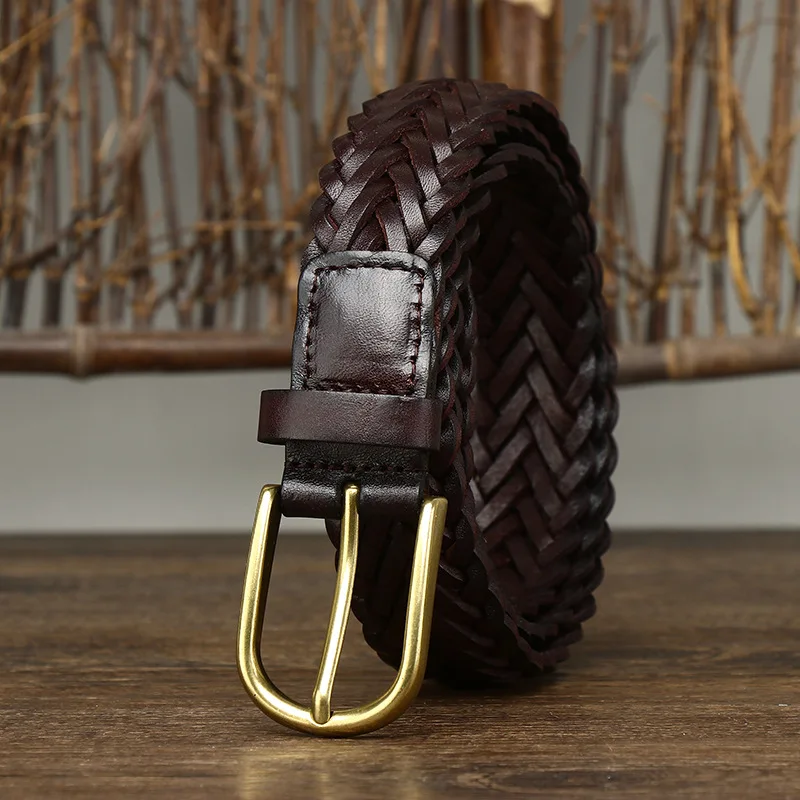 3CM Unisex Fashion Designer Weaving Belt Women And Men Full Grain Real Genuine Leather Girdle Breathable Belt For Jeans