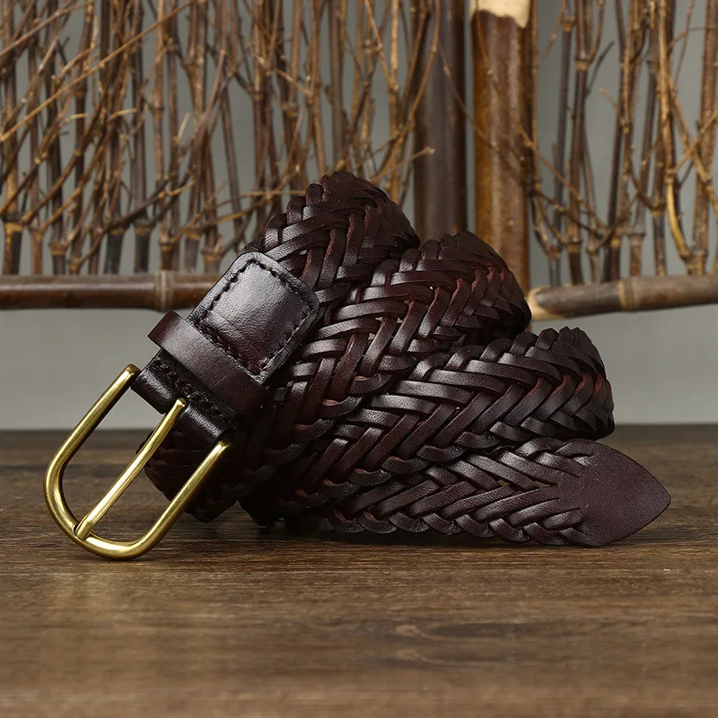 3CM Unisex Fashion Designer Weaving Belt Women And Men Full Grain Real Genuine Leather Girdle Breathable Belt For Jeans