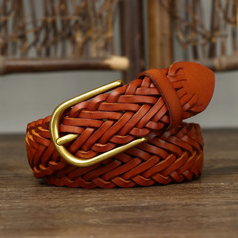 3CM Unisex Fashion Designer Weaving Belt Women And Men Full Grain Real Genuine Leather Girdle Breathable Belt For Jeans